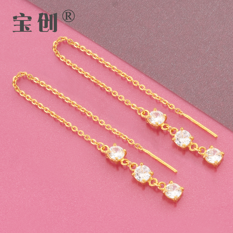 闪钻耳钉耳饰纯金长款流苏女直针耳环 足金 黄金锆石流苏耳线 999 闪钻耳钉耳饰纯金长款流苏女直针耳环 足金 黄金锆石流苏耳线 999