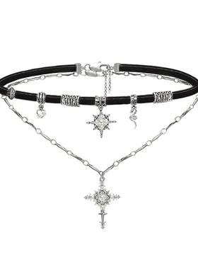 甜酷美拉德皮革星芒十字项链圈