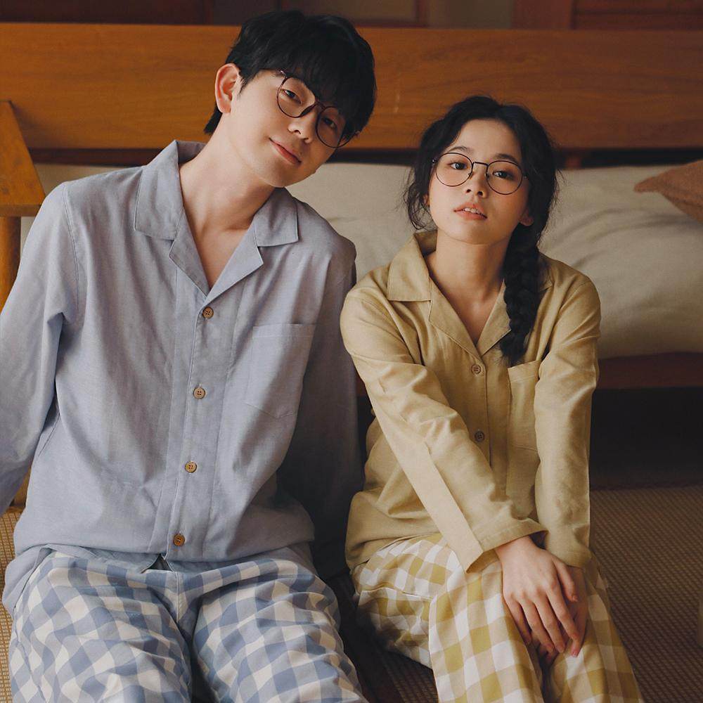 日式简约情侣纯棉纱布长袖睡衣情侣格子家居服宽松男款套装可外穿,淘宝优惠券,粉丝福利购,淘宝优惠卷