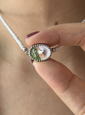 新中式曼塔玫瑰小米珠项链 珍珠项链锁骨链女玫瑰花珐琅彩滴油扣