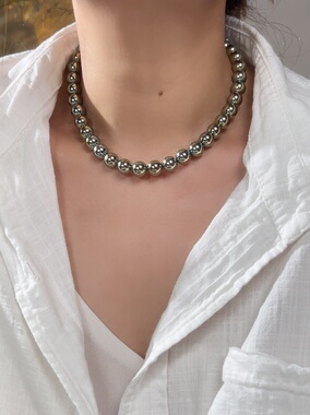 人造海水珍珠项链女 大溪地孔雀绿混彩锁骨链叠戴时尚极光天女