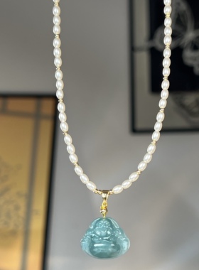 蓝水翡翠佛公吊坠珍珠项链 貔貅极细小米珠锁骨链新中式人造珍珠