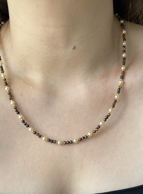 天然虎眼石珍珠项链手链两戴 女轻奢小众高级气质长款毛衣链复古