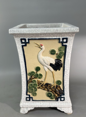 岭南石湾花盆纯手工制作四面贴花两面字冰裂四方兰花盆春花盆