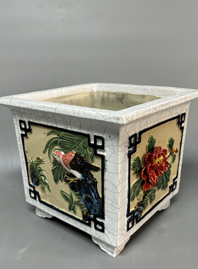 岭南石湾花盆30外口径内口25高方盆春花深盆粗陶泥高温烧制包邮