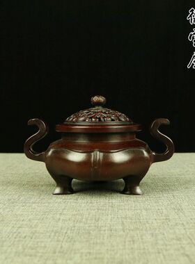 朝冠耳香炉纯铜海棠炉熏香炉摆件