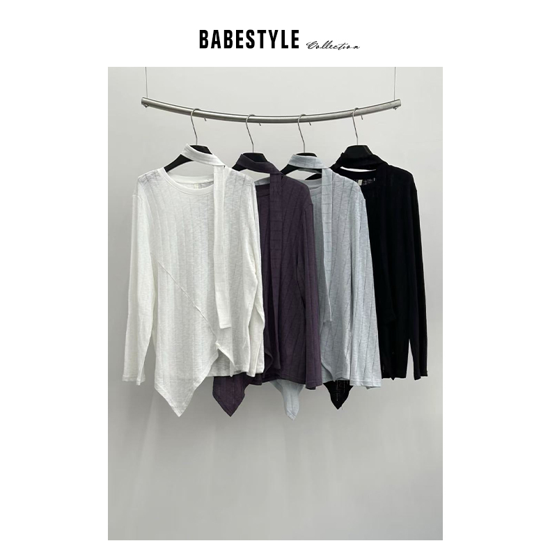 BABESTYLE |“长期主义”轻废土风不规则剪裁显瘦薄针织衫配飘带 - 图1