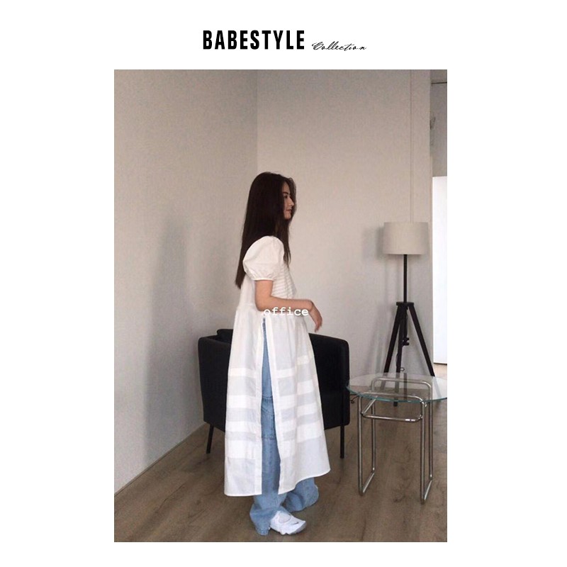 {现货}[Babestyle]VOL66设计感白色连衣裙女夏季泡泡袖小众长裙子