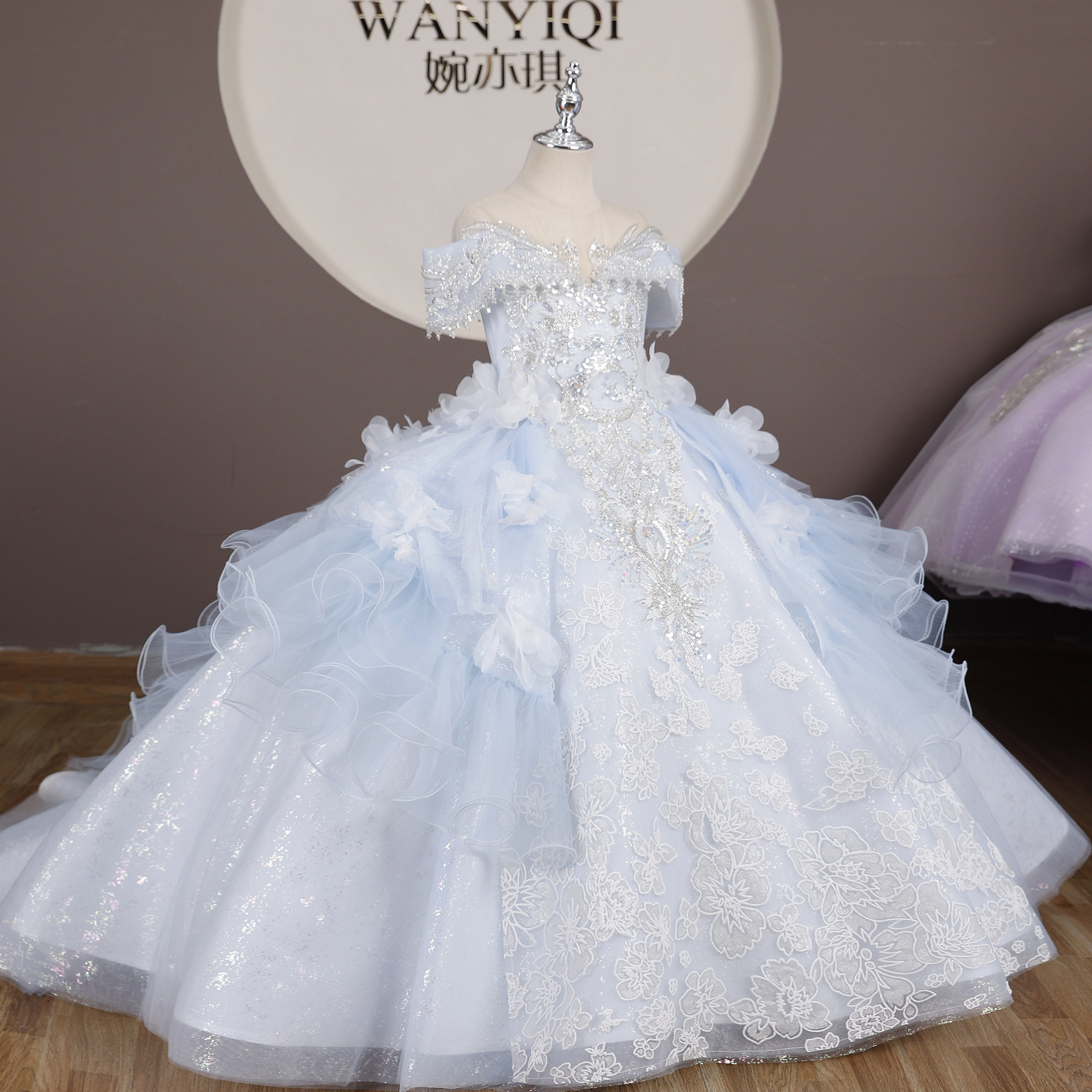 出租女童浅蓝色十岁生日公主裙大拖尾礼服女孩钢琴演出服走秀礼服,淘宝优惠券,粉丝福利购,淘宝优惠卷