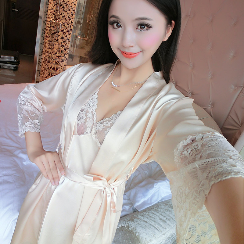 女士夏短袖两件套装丝绸冰丝浴袍 真念薇睡裙