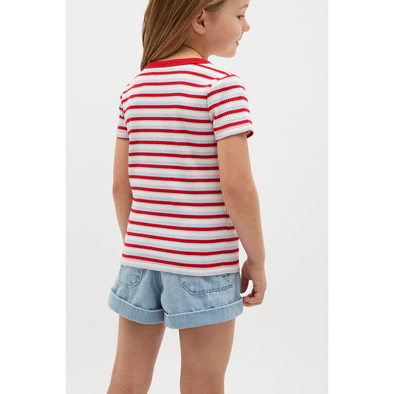 澳S*原尾女童彩条短袖T恤刺绣圆领打底衫女孩子四季通用高弹上衣,淘宝优惠券,粉丝福利购,淘宝优惠卷