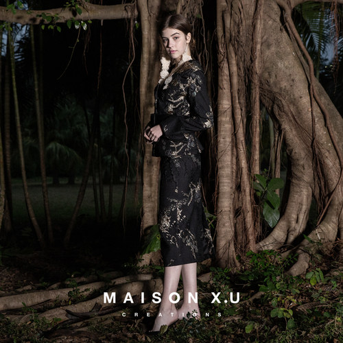 高定设计师品牌 MAISON X.U｜黑金法式优雅金属丝提花半裙包臀裙 - 图1