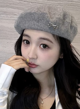 蝴蝶结羊毛贝雷帽女潮