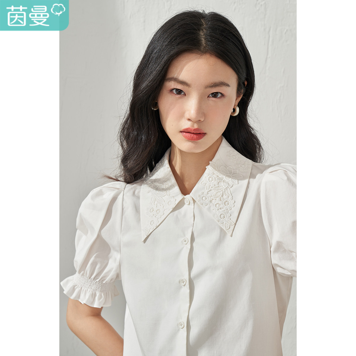 【商场同款】茵曼刺绣白衬衫女士2022夏季新款通勤气质花苞袖衬衣_虎窝淘