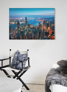 香港维多利亚港夜景太平山尖沙咀钟楼背景墙帆布无框画装饰挂画