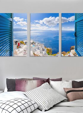 圣托里尼地中海爱琴海岛房间背景墙帆布无框画三联组合装饰挂画