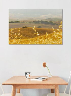 农村田野金黄色小麦自然风景房间客厅背景墙帆布无框画装饰挂画