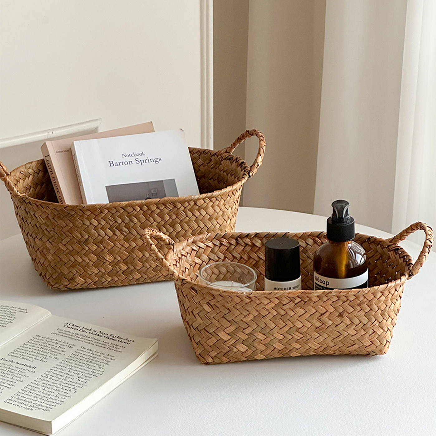 日式草编分隔收纳盒首饰茶包咖啡液零食收纳筐桌面茶几杂物收纳,淘宝优惠券,粉丝福利购,淘宝优惠卷