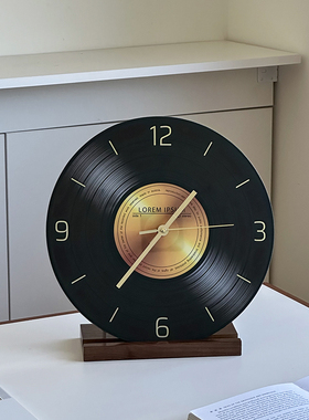 轻奢创意黑胶唱片时钟玻璃桌面装饰摆件办公室中古风复古艺术钟