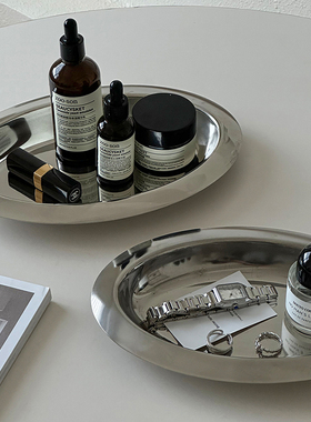 中古不锈钢椭圆托盘装饰摆件桌面收纳盒香薰托盘玄关杂物收纳道具