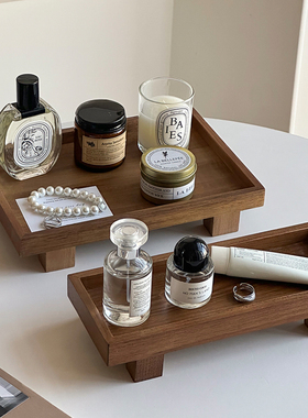 高脚收纳托盘香薰托盘装饰摆件复古高级感拍照道具木质小众桌面