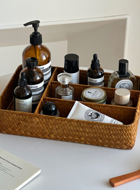 草编收纳筐护肤品收纳瓶子分格收纳篮装饰摆件日式杂物整理手工