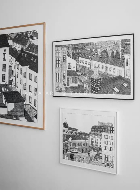 瑞典素描城市卧室餐厅装饰画画芯