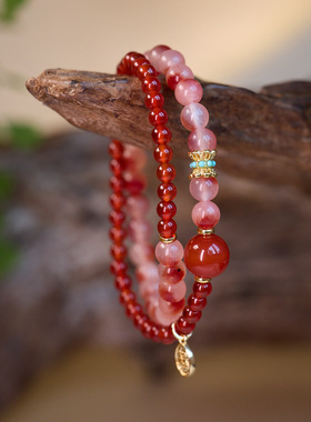 天然红玛瑙手链本色飘花玛瑙双圈手串本命年双圈玛瑙叠戴手串