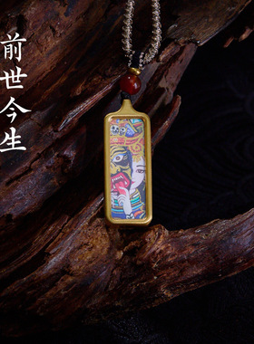 藏式唐卡项链女手绘描金唐卡吊坠迷你嘎乌盒扎基拉姆黄财神项链