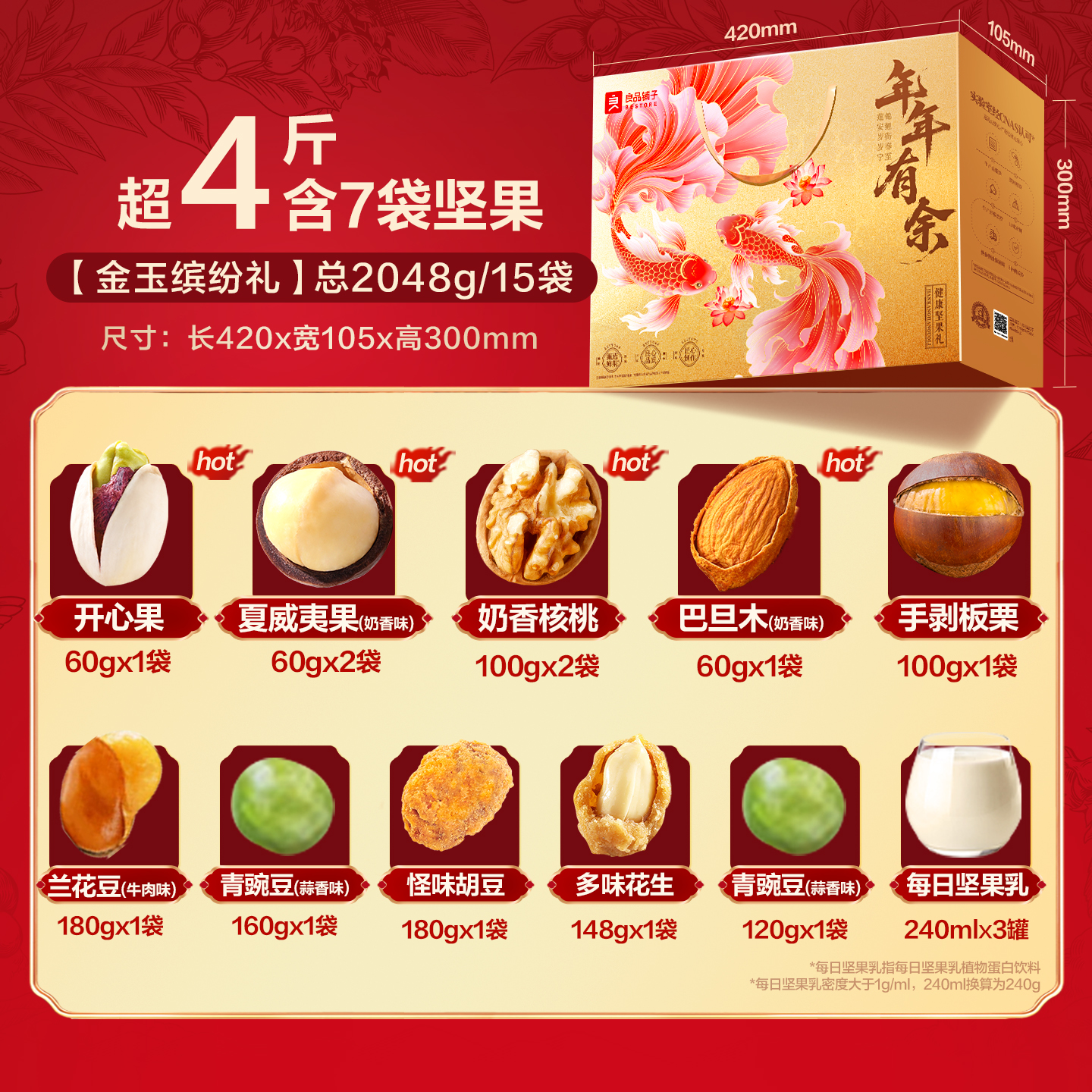 良品铺子坚果礼盒15袋/2048g年货礼盒送长辈走亲戚零食大礼包果干 - 图3