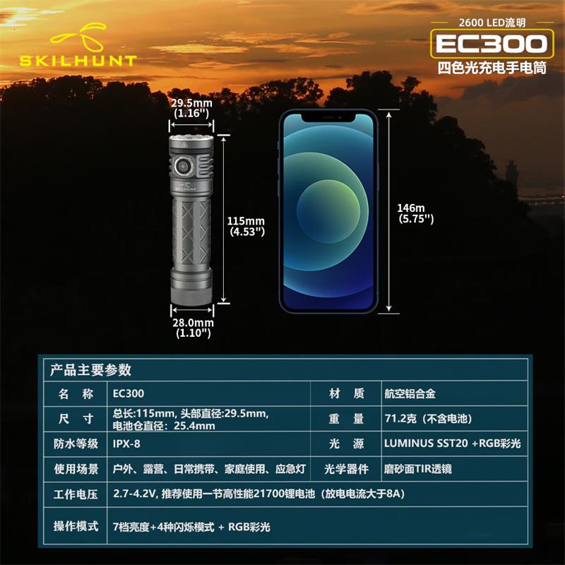 SKILHUNT EC300红绿蓝白彩光C口充电21700户外露营泛光便携手电筒-图0