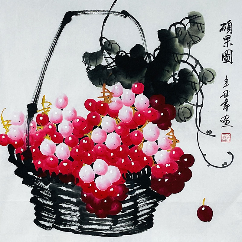 纯手绘国画花鸟画客厅餐厅中式装饰画书房挂画三尺斗方葡萄硕果图