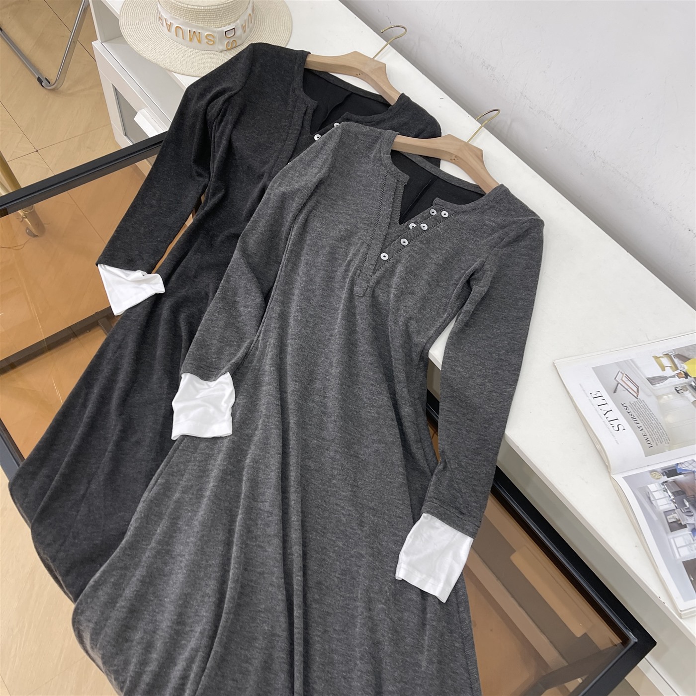 连衣裙女秋冬季新款时尚女装长袖百搭长款连衣裙V领k#21 - 图0