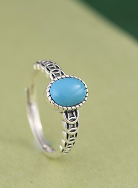 南红玛瑙松石蛋面大钱女款银戒指