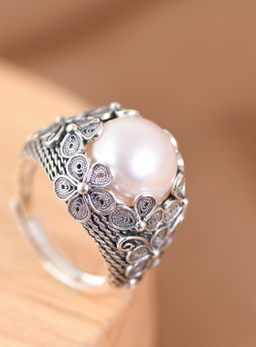 淡水珍珠银戒指花丝工艺复古女款