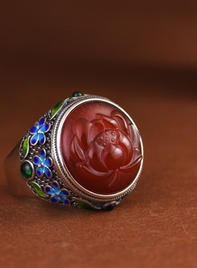 玫瑰花和田玉红玛瑙女款珐琅戒指