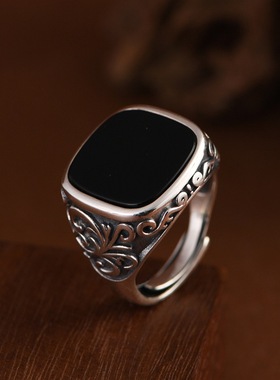 男款纯银戒指黑玛瑙开口银饰指环