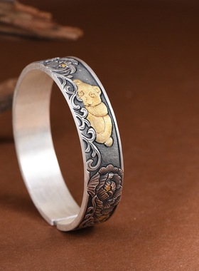 足银手镯金银错熊猫牡丹纯银镯子