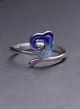 复古烧蓝工艺开口祥云如意银戒指