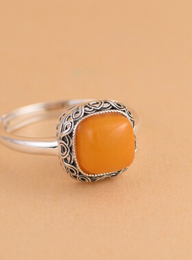 纯银蜜蜡戒指耳钉套装小众设计款