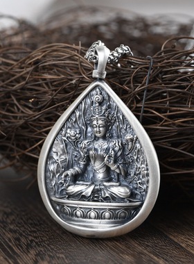 足银复古立体可打开银绿度母佛像