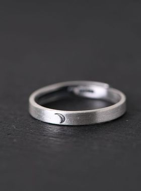 情侣太阳月亮银戒指开口可调男女