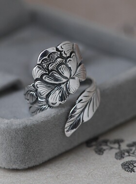 古银铺戒指女款可调牡丹花富贵