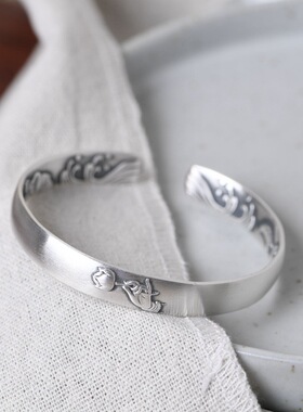 足银复古佛手莲花实心心经银手镯