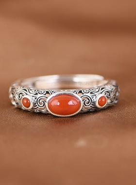 水波纹银戒指南红玛瑙女款民族风