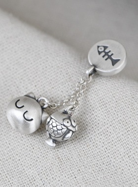 复古银吊坠文艺猫吃鱼