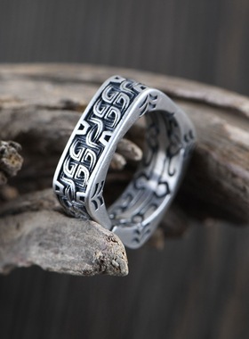 纯银戒指复古工艺简约方形银礼物