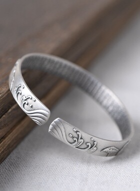 复古工艺纯银莲花心经款纯银镯子