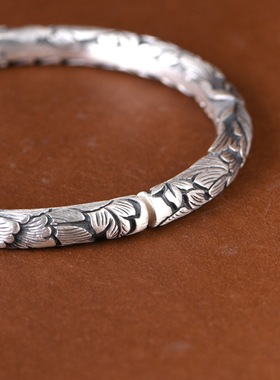 足银手镯手工錾刻小众设计花卉女