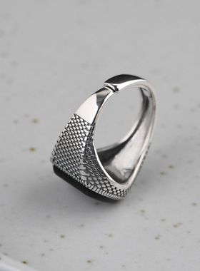 玛瑙开口银戒指方形复古工艺男款